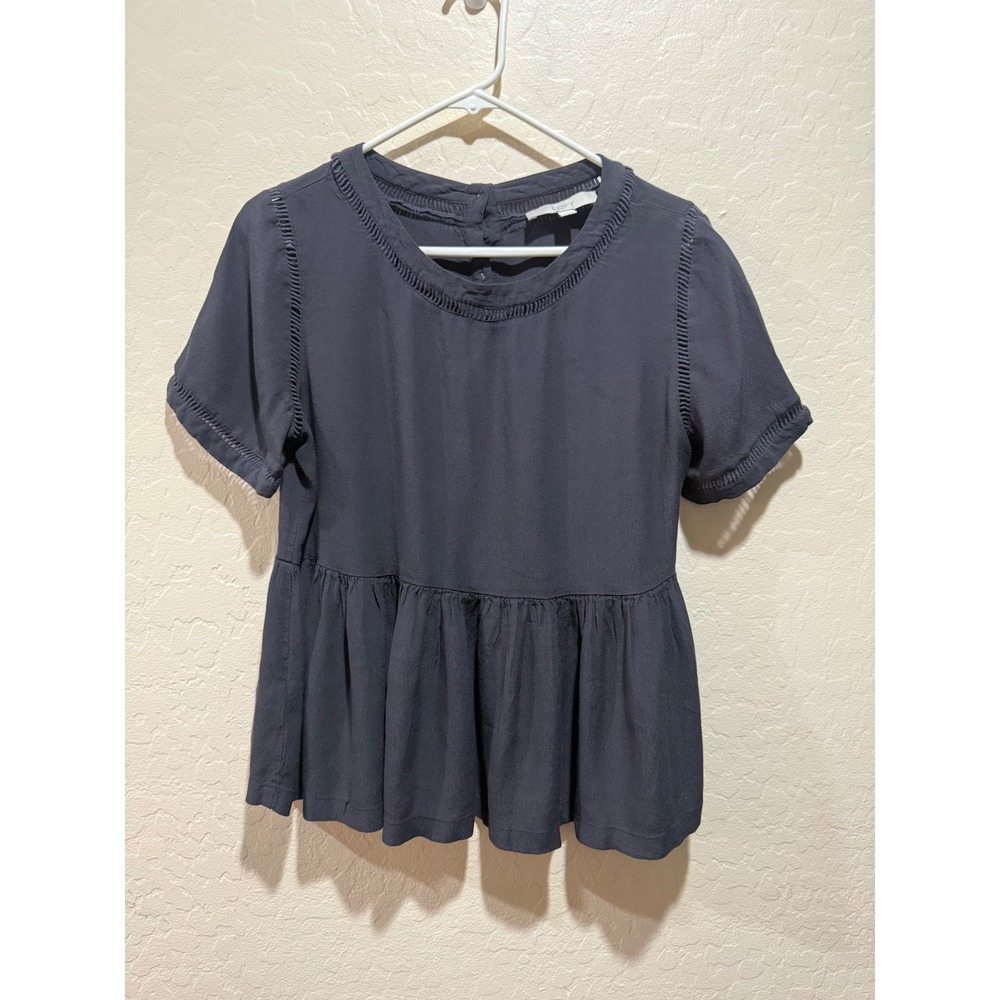 LOFT Womens Navy Blue Short Sleeve Peplum Blouse Ladder Stitch Button Back Top